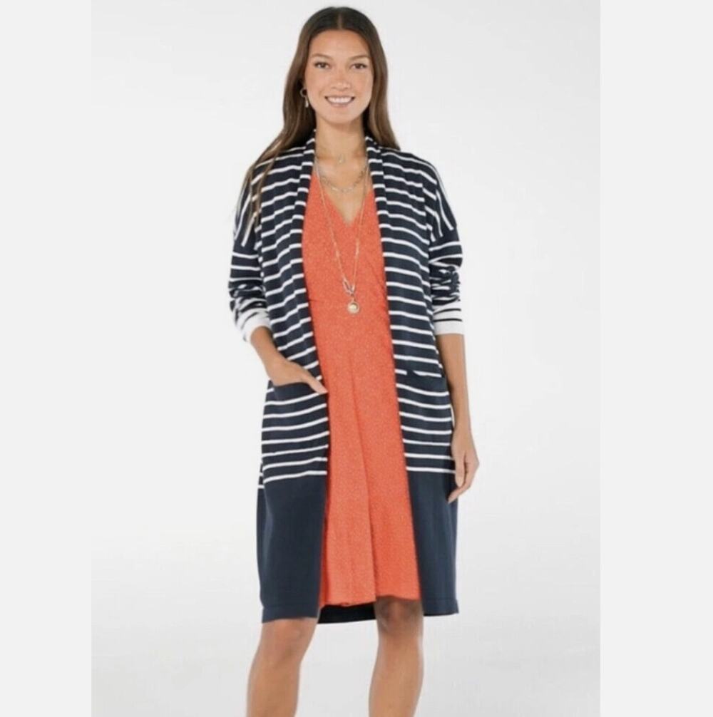 CAbi NWT Boathouse Longline 100% Cotton Open Front Cardigan Navy White Stripe M